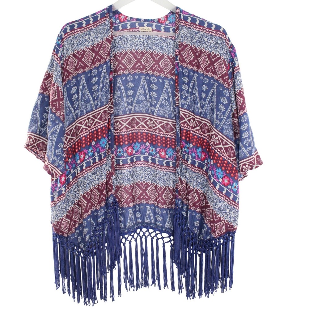 Hollister Kimono Boho Geometric Floral Fringe Hem XS Blue Burgundy